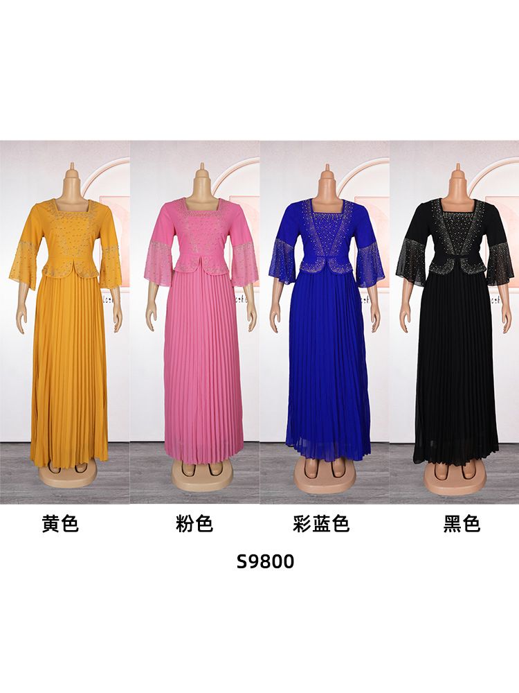 Beaded Solid Color Dress Pleated Skirt Cross-border African Large Size European and American Two-piece Summer Ladies Clothing