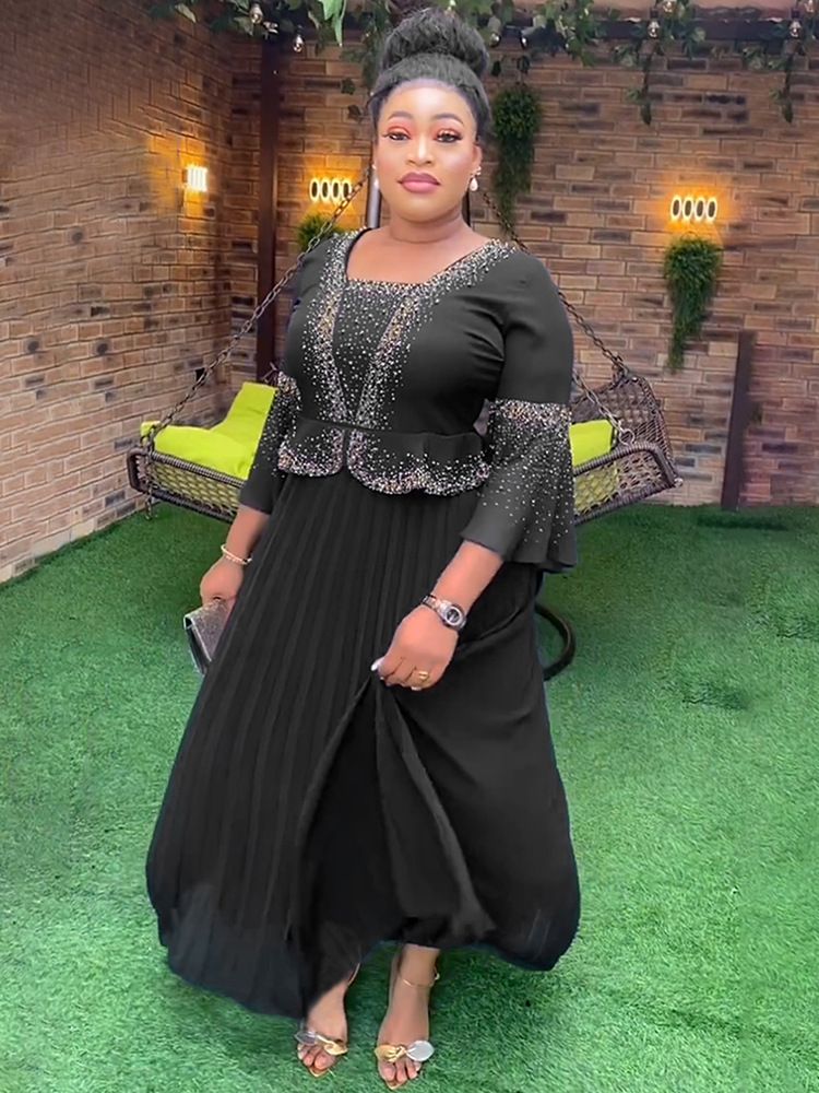 Beaded Solid Color Dress Pleated Skirt Cross-border African Large Size European and American Two-piece Summer Ladies Clothing