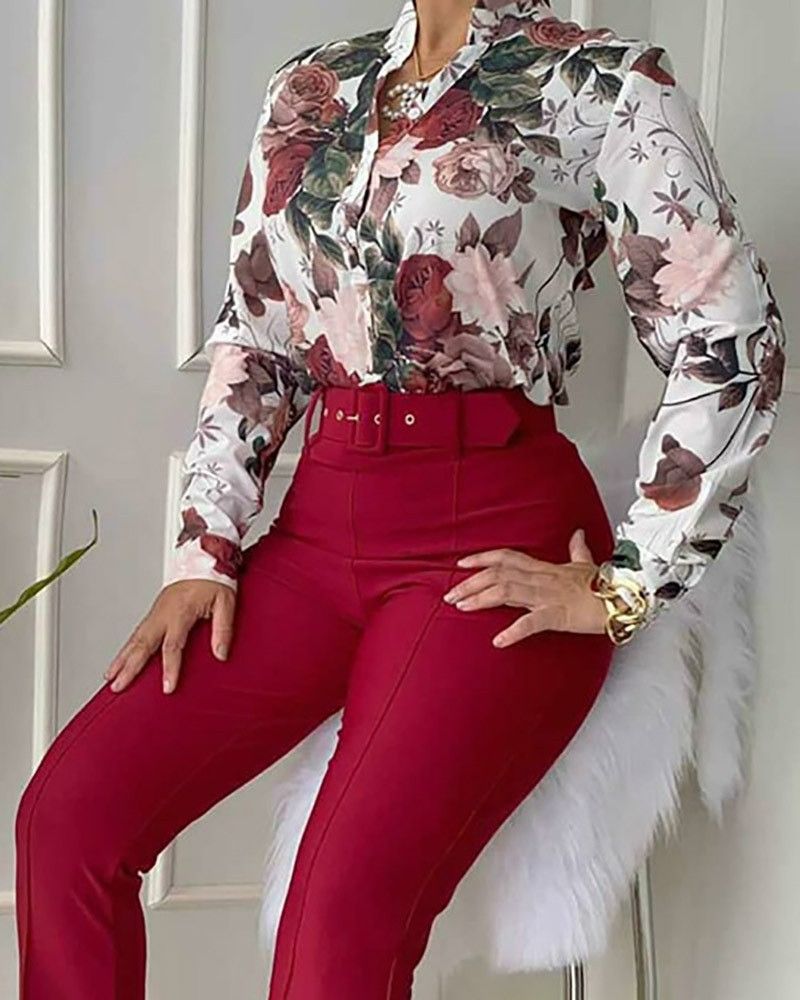 New Fashion Print Long Sleeve Shirt Sets with belt 3 Piece Women Summer Outfits Sets Three Piece Blouse Shorts Set
