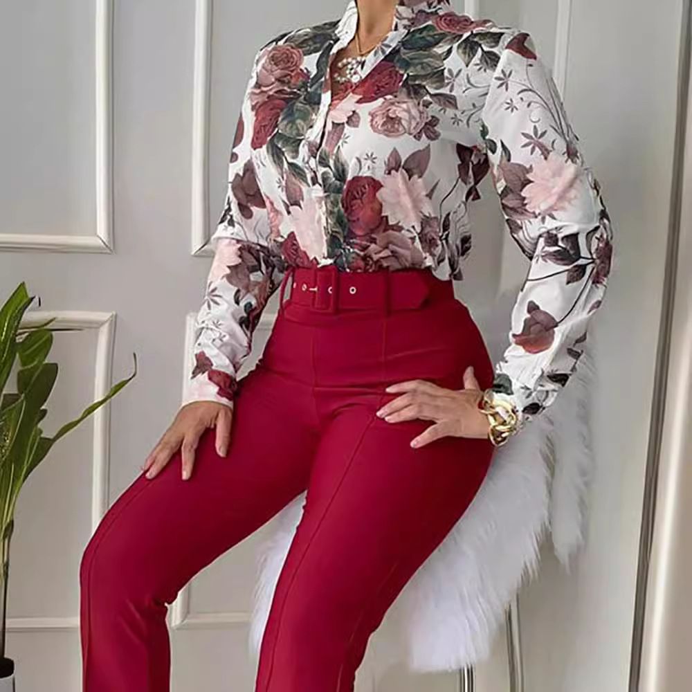 New Fashion Print Long Sleeve Shirt Sets with belt 3 Piece Women Summer Outfits Sets Three Piece Blouse Shorts Set