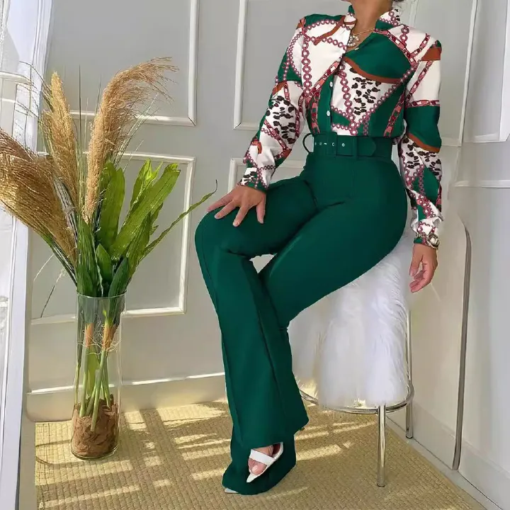 New Fashion Print Long Sleeve Shirt Sets with belt 3 Piece Women Summer Outfits Sets Three Piece Blouse Shorts Set