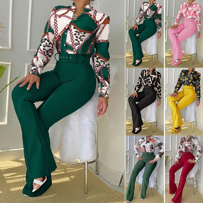 New Fashion Print Long Sleeve Shirt Sets with belt 3 Piece Women Summer Outfits Sets Three Piece Blouse Shorts Set