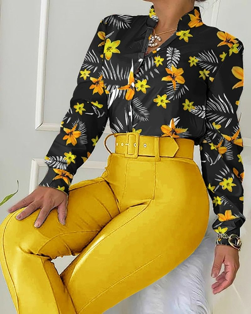 New Fashion Print Long Sleeve Shirt Sets with belt 3 Piece Women Summer Outfits Sets Three Piece Blouse Shorts Set