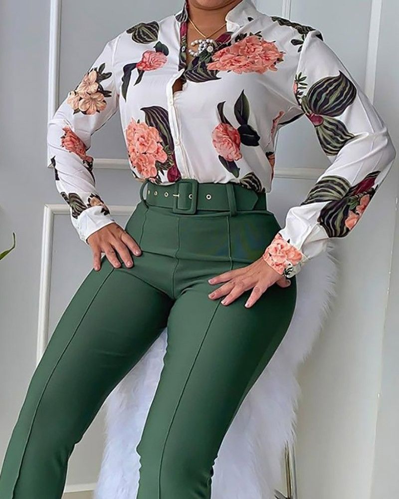 New Fashion Print Long Sleeve Shirt Sets with belt 3 Piece Women Summer Outfits Sets Three Piece Blouse Shorts Set