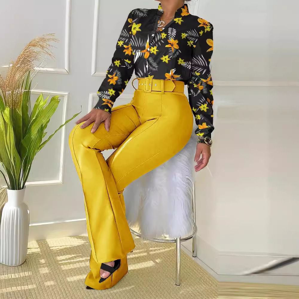 New Fashion Print Long Sleeve Shirt Sets with belt 3 Piece Women Summer Outfits Sets Three Piece Blouse Shorts Set