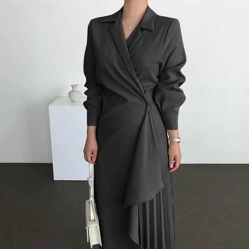 Boutique Wholesale Spring New Product Elegant Shirt Retro Long Solid Color Long Waist Women's Dress