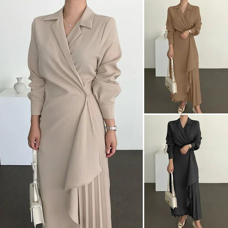 Boutique Wholesale Spring New Product Elegant Shirt Retro Long Solid Color Long Waist Women's Dress