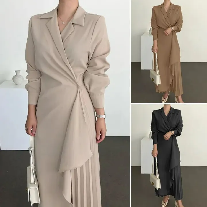 Boutique Wholesale Spring New Product Elegant Shirt Retro Long Solid Color Long Waist Women's Dress
