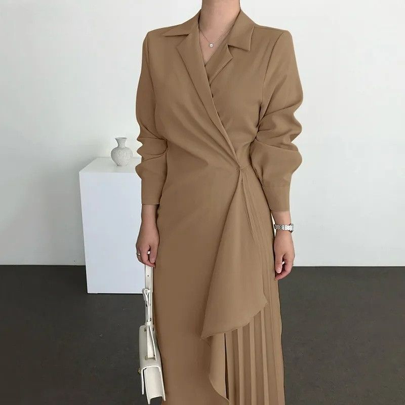 Boutique Wholesale Spring New Product Elegant Shirt Retro Long Solid Color Long Waist Women's Dress