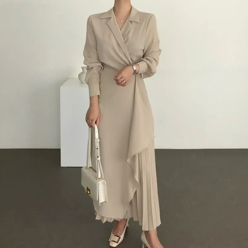 Boutique Wholesale Spring New Product Elegant Shirt Retro Long Solid Color Long Waist Women's Dress