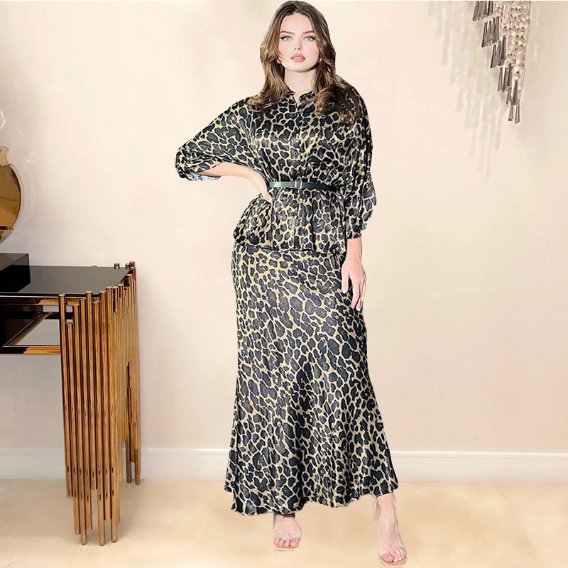 Abaya Muslim Women Islamic Evening Dresses For Girls UK Leopard Print Skirt And Long Sleeve Shirt Set Muslim Dress Trending