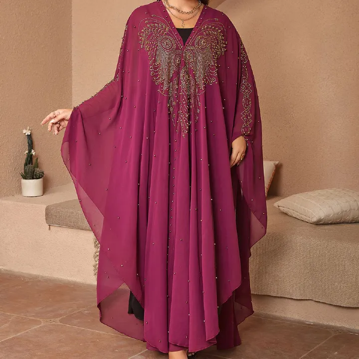 Wholesale Plus Size Women's Muslin Dresses Ladies Lace Loose Colorful Skirts Beaded Chiffon Dresses