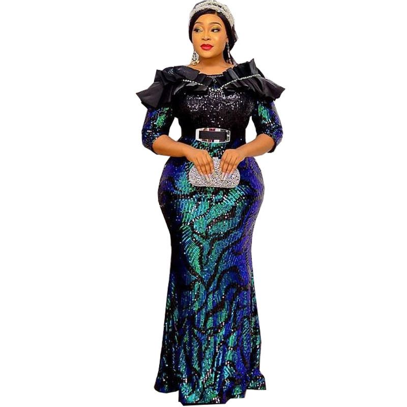 African Fishtail Elegant Skirt Dress Sequins Embroidery Long Sleeve slim Belt Dress Party Costumes For Women Maxi Evening Dress