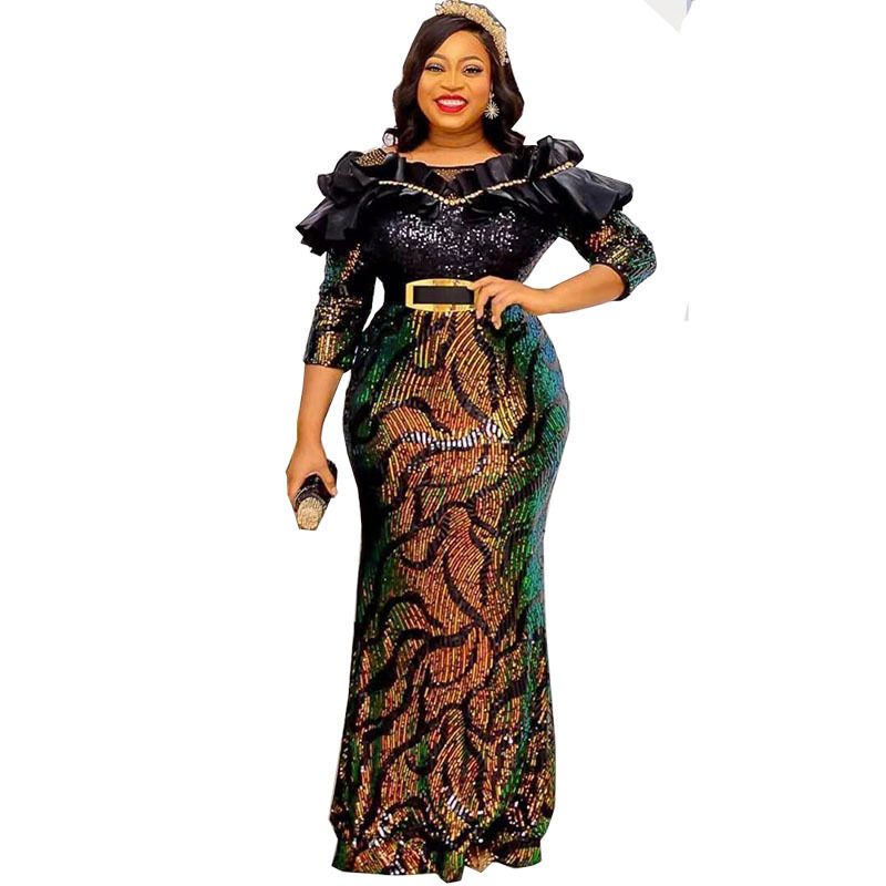 African Fishtail Elegant Skirt Dress Sequins Embroidery Long Sleeve slim Belt Dress Party Costumes For Women Maxi Evening Dress