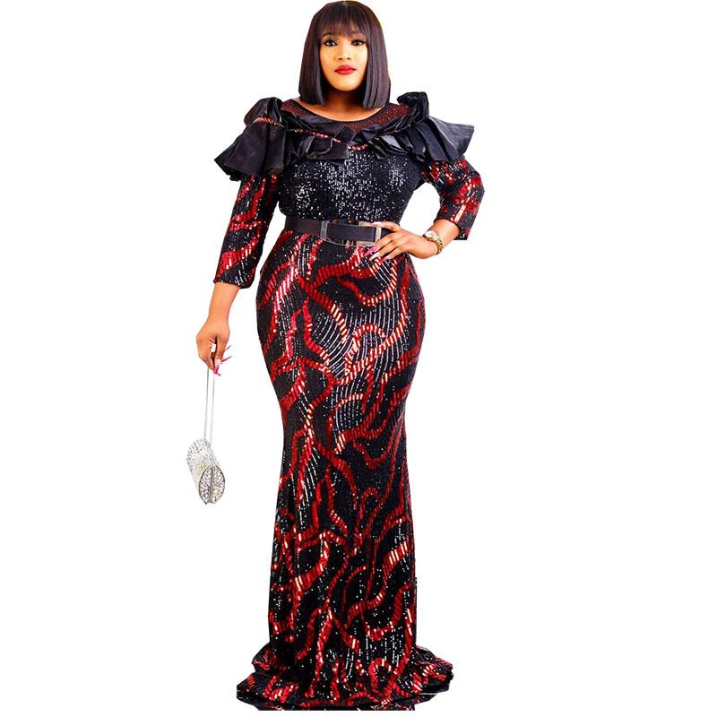 African Fishtail Elegant Skirt Dress Sequins Embroidery Long Sleeve slim Belt Dress Party Costumes For Women Maxi Evening Dress