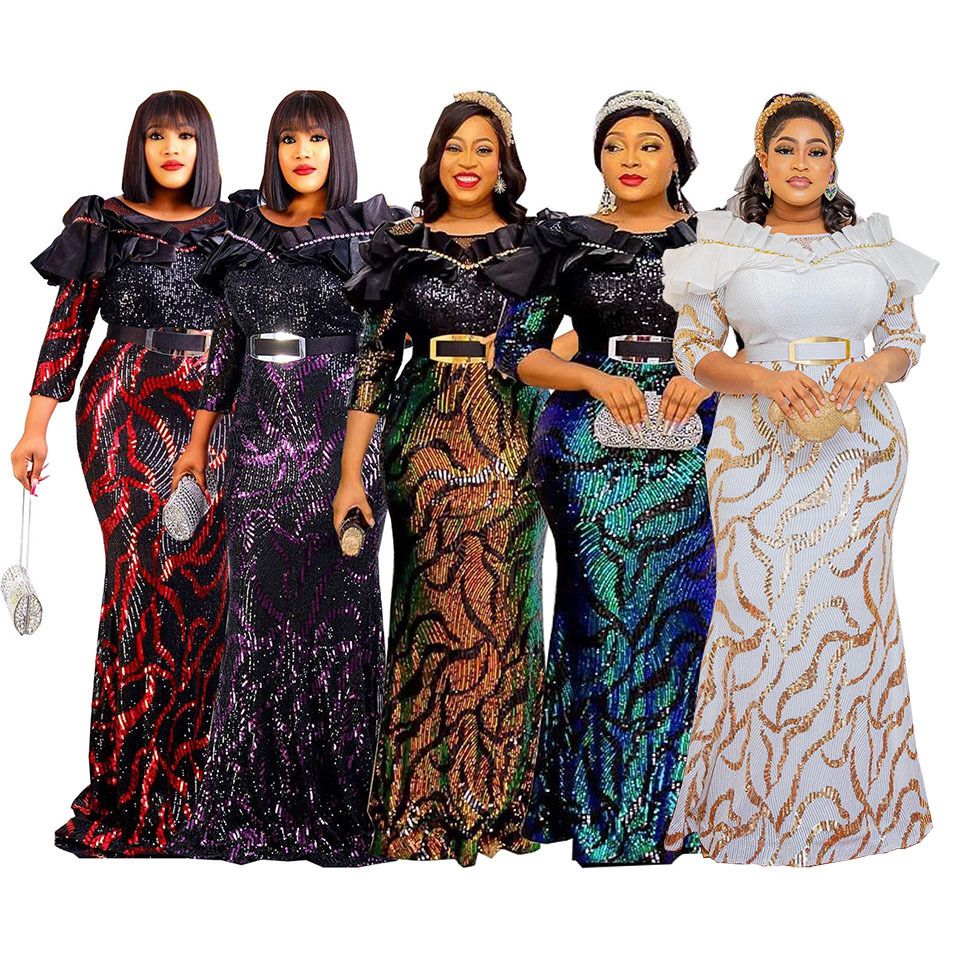 African Fishtail Elegant Skirt Dress Sequins Embroidery Long Sleeve slim Belt Dress Party Costumes For Women Maxi Evening Dress