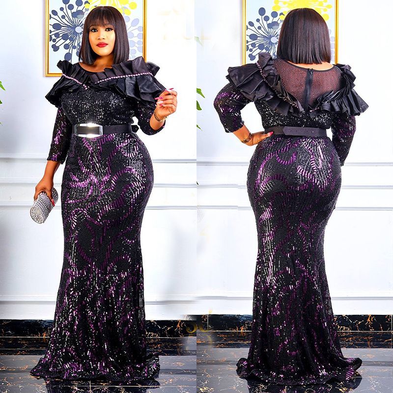 African Fishtail Elegant Skirt Dress Sequins Embroidery Long Sleeve slim Belt Dress Party Costumes For Women Maxi Evening Dress