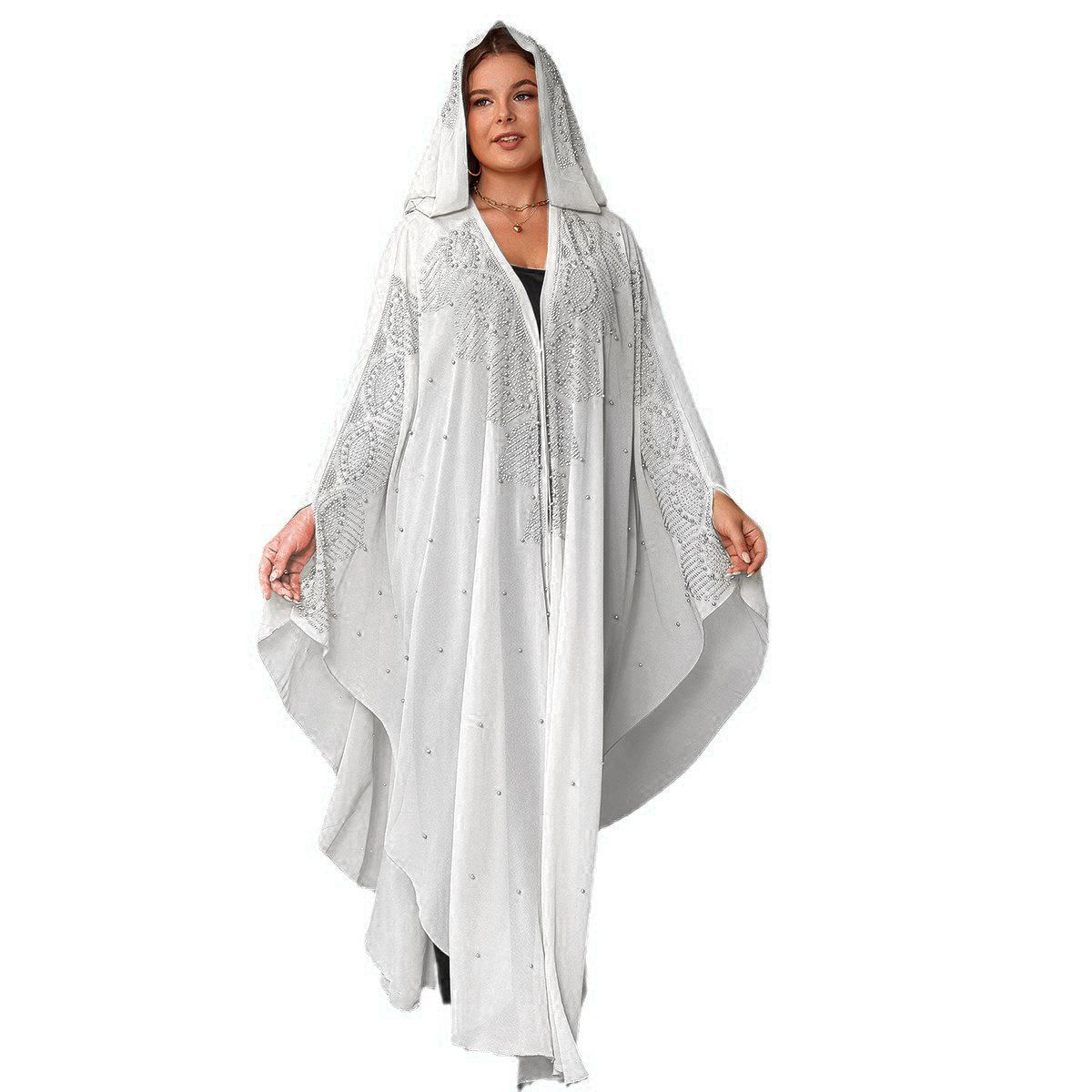 Muslim Solid Rhinestone Beaded Hooded Women's Cardigan Turkish Islamic Abaya Hot Rhinestone Beaded Bat Sleeve Robe