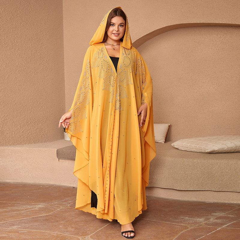 Muslim Solid Rhinestone Beaded Hooded Women's Cardigan Turkish Islamic Abaya Hot Rhinestone Beaded Bat Sleeve Robe