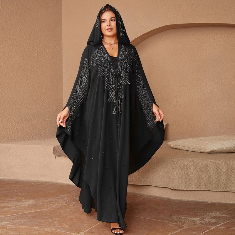 Muslim Solid Rhinestone Beaded Hooded Women's Cardigan Turkish Islamic Abaya Hot Rhinestone Beaded Bat Sleeve Robe