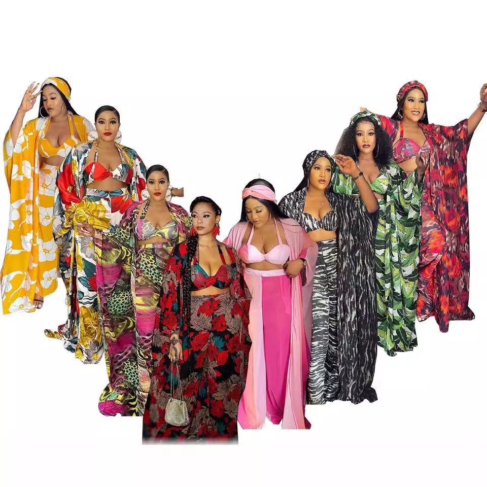 African Abaya European American Sexy Print Suit Women Long Kimono 4 Piece Set Bra Top Pants Coat Headtie Lady Clothing