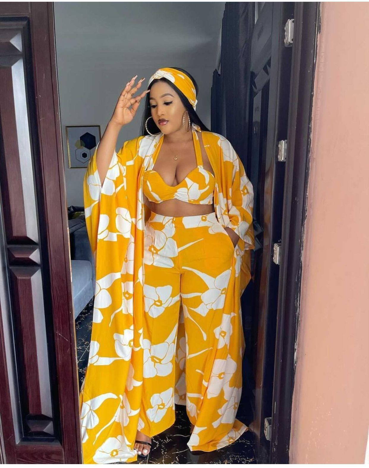 African Abaya European American Sexy Print Suit Women Long Kimono 4 Piece Set Bra Top Pants Coat Headtie Lady Clothing