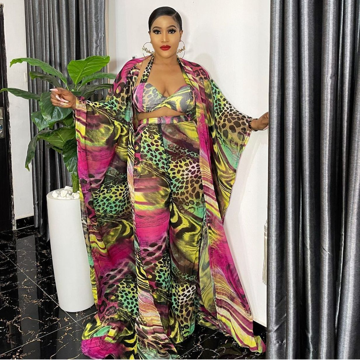 African Abaya European American Sexy Print Suit Women Long Kimono 4 Piece Set Bra Top Pants Coat Headtie Lady Clothing