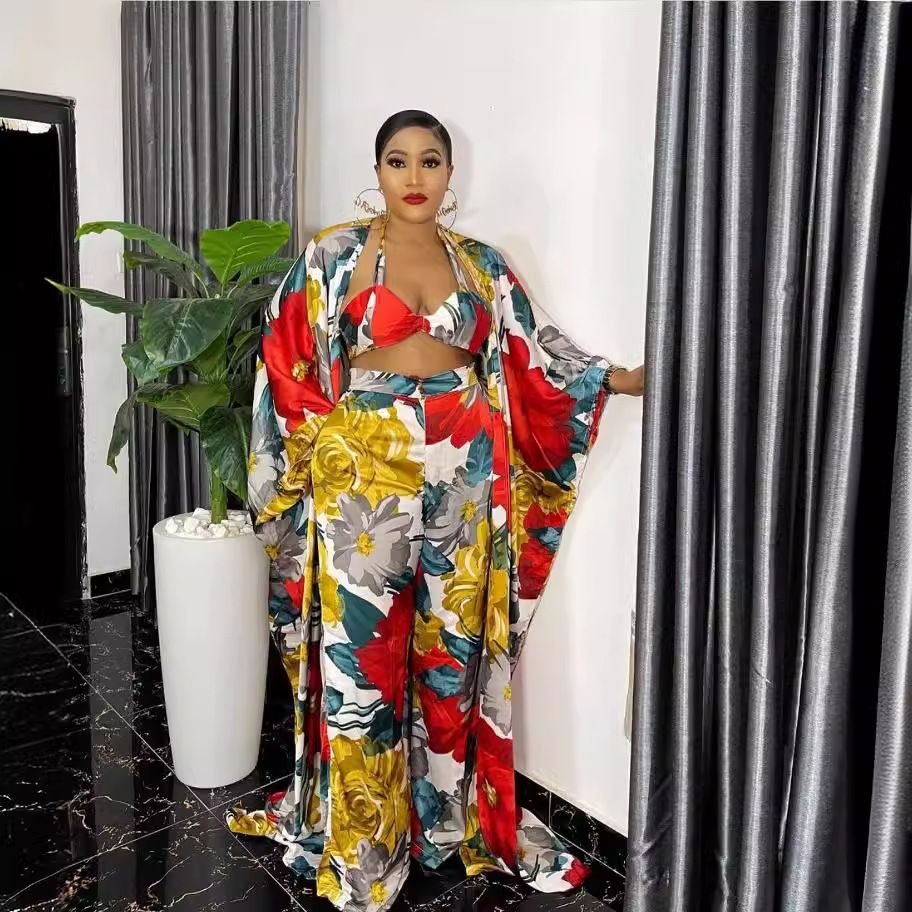 African Abaya European American Sexy Print Suit Women Long Kimono 4 Piece Set Bra Top Pants Coat Headtie Lady Clothing