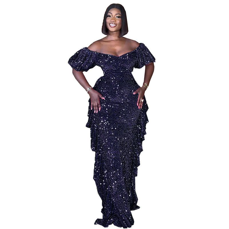 African Evening Sexy Dresses For Women Summer Off Shoulder Short Sleeve Mermaid Robe Wedding Party Luxury Sequin Dress Wear