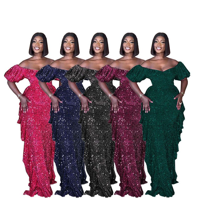 African Evening Sexy Dresses For Women Summer Off Shoulder Short Sleeve Mermaid Robe Wedding Party Luxury Sequin Dress Wear