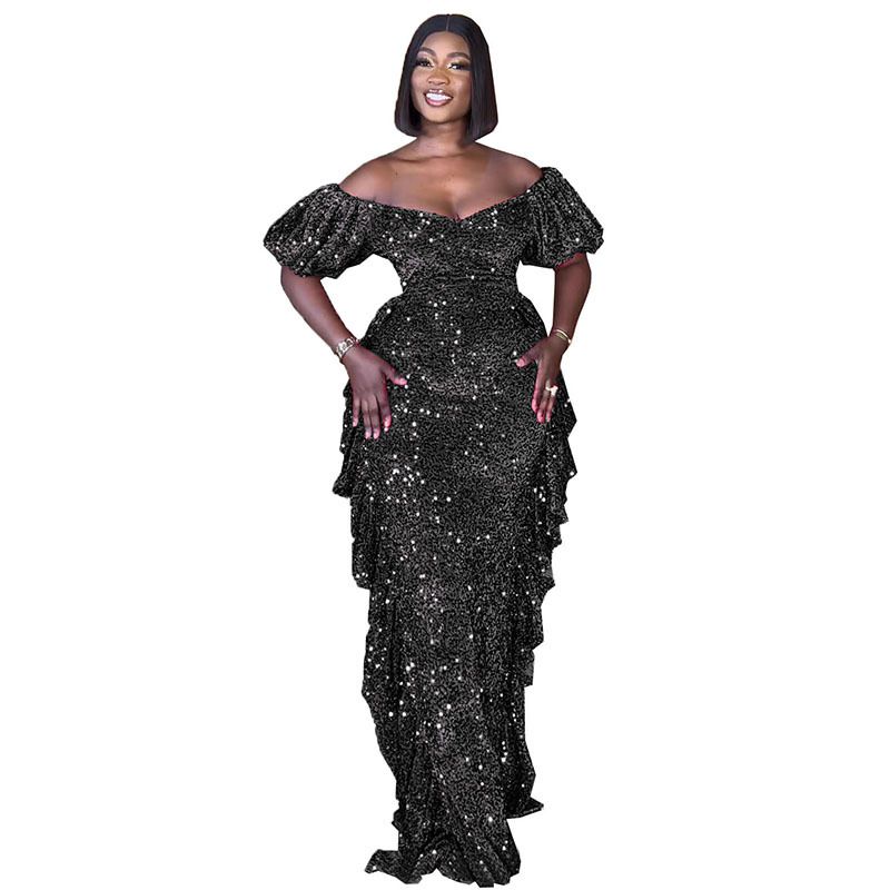 African Evening Sexy Dresses For Women Summer Off Shoulder Short Sleeve Mermaid Robe Wedding Party Luxury Sequin Dress Wear