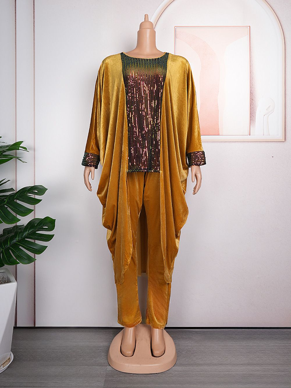 Dubai African Luxury Velvet Dress Pants Suit Women Abayas Long Sleeve Tops Trouser 2 Piece Set Ladies Islamic Clothing Boubou