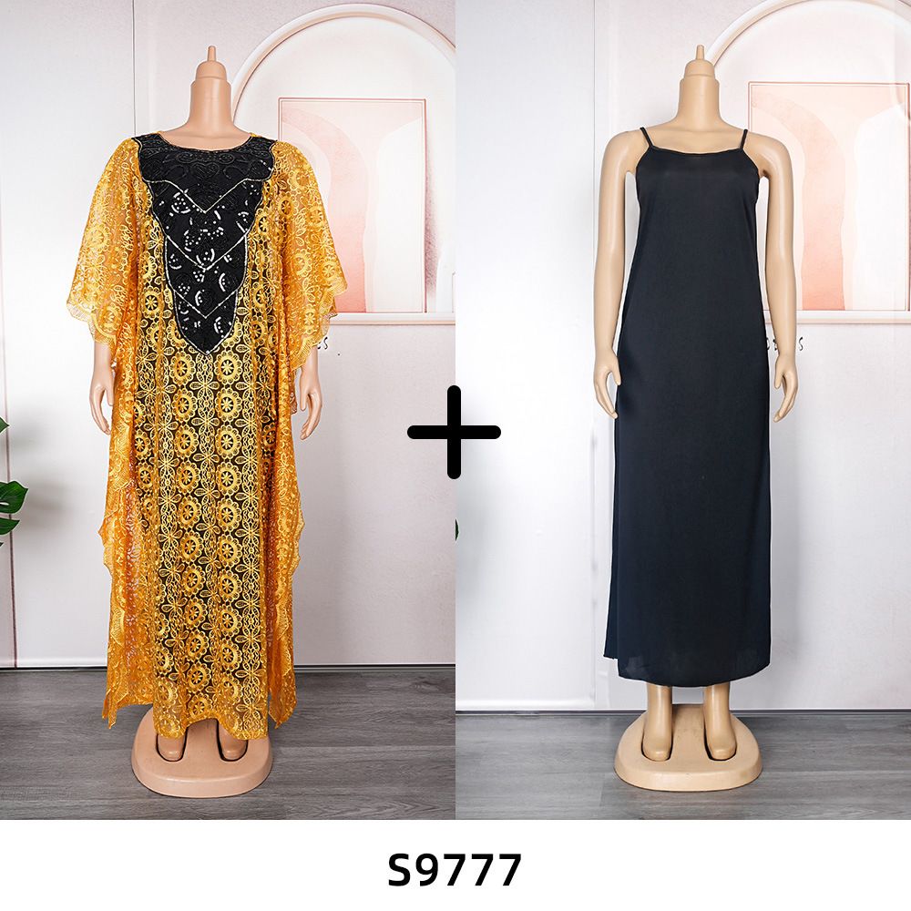Cross-border supply African large size robe women's clothing neckline hot diamond bat sleeve lace dress