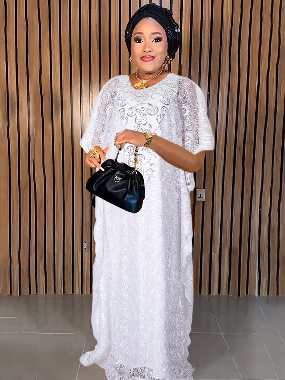 Cross-border supply African large size robe women's clothing neckline hot diamond bat sleeve lace dress
