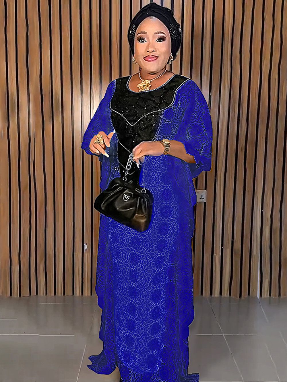 Cross-border supply African large size robe women's clothing neckline hot diamond bat sleeve lace dress