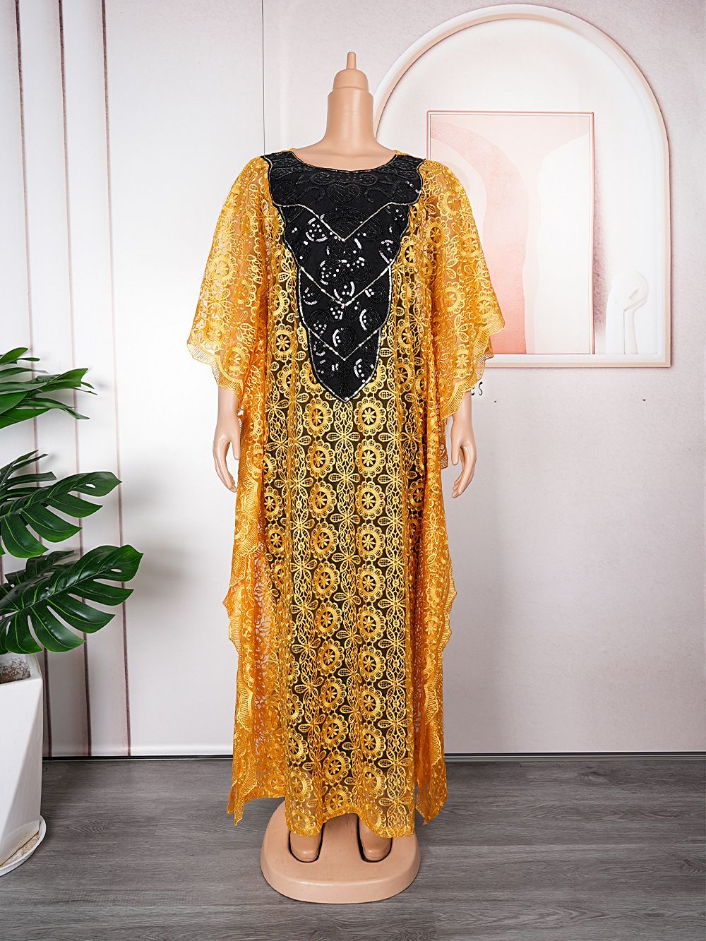 Cross-border supply African large size robe women's clothing neckline hot diamond bat sleeve lace dress
