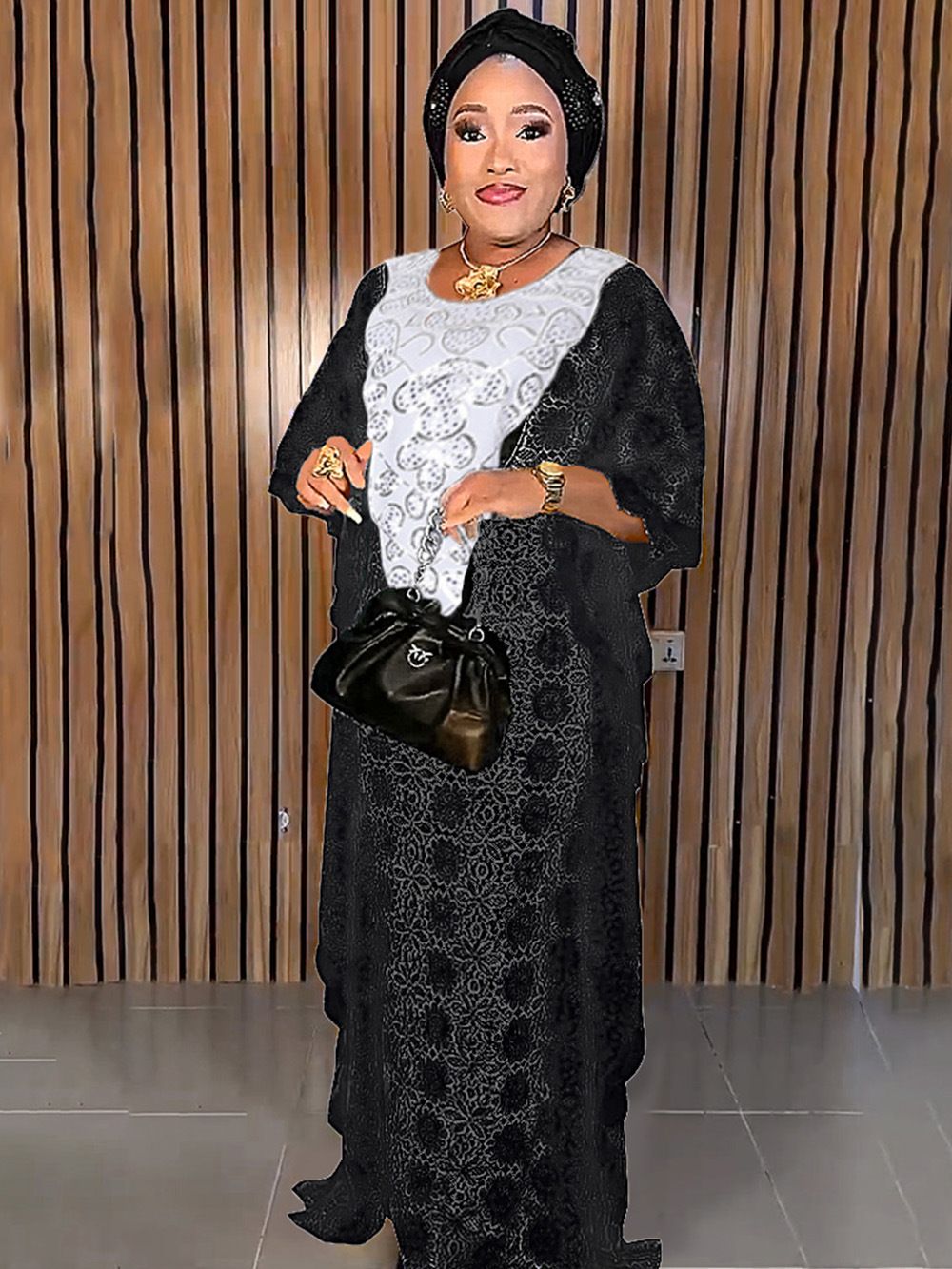 Cross-border supply African large size robe women's clothing neckline hot diamond bat sleeve lace dress