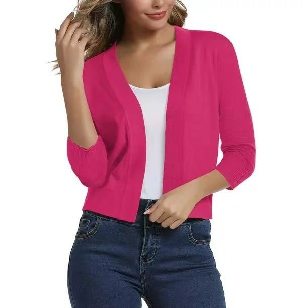 Solid Color Short Shrugs 3/4 Sleeve Cropped Open Front Cardigans Sweater Slim Fit Crop Top Jackets Women's Sweaters