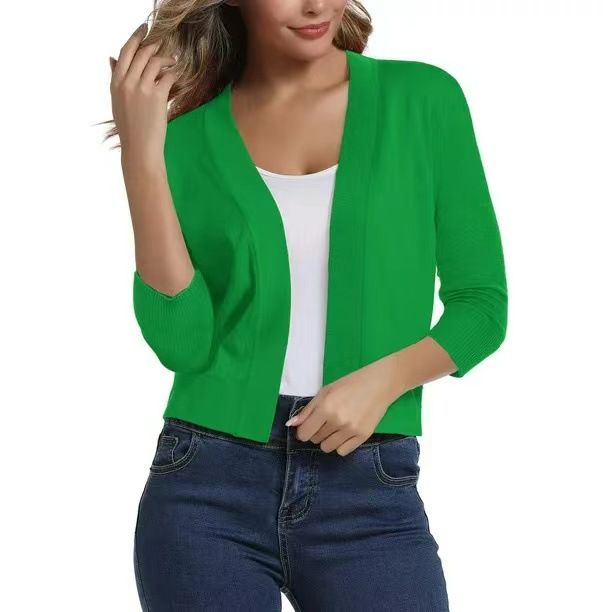 Solid Color Short Shrugs 3/4 Sleeve Cropped Open Front Cardigans Sweater Slim Fit Crop Top Jackets Women's Sweaters