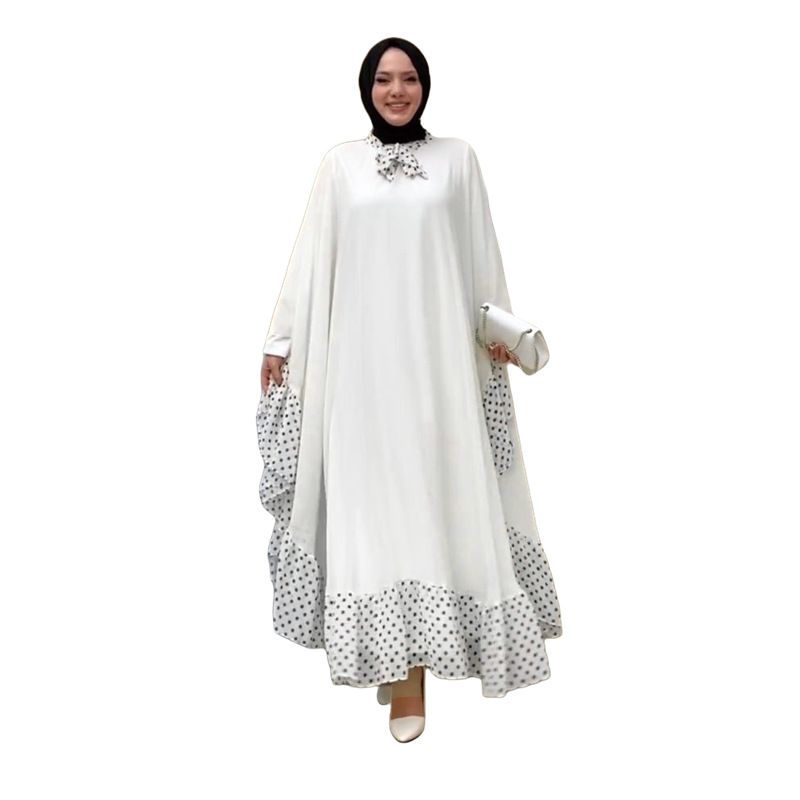 Arab loose robe Bowtie polka dot skirt women Muslim chiffon puff sleeves abaya long dresses