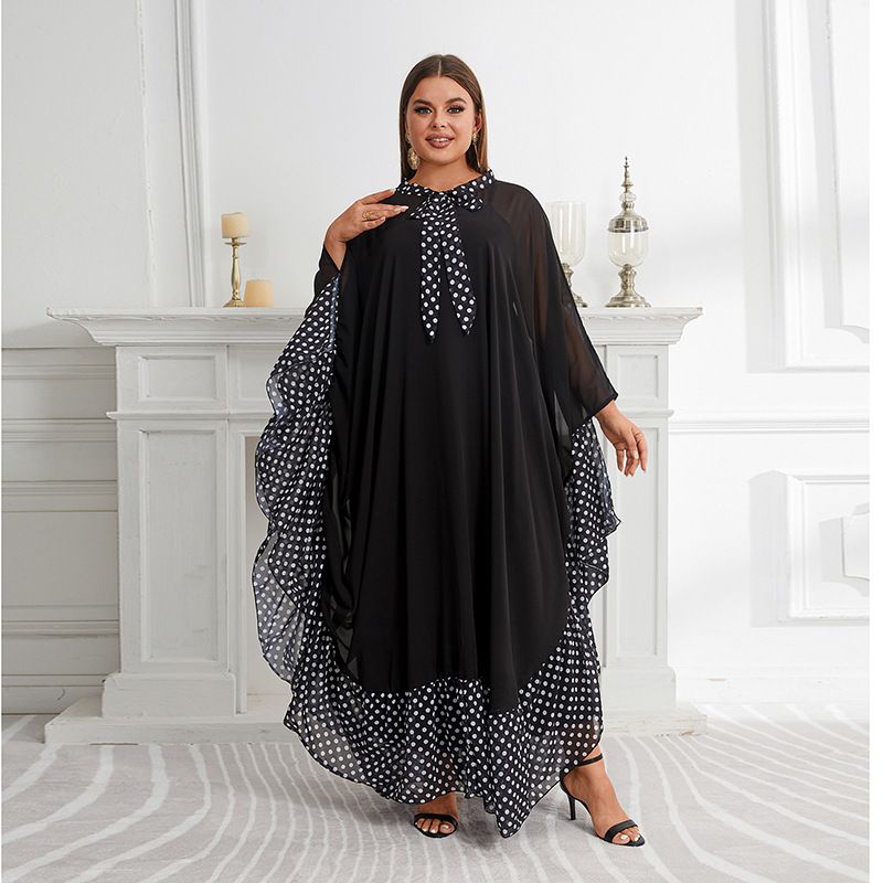 Arab loose robe Bowtie polka dot skirt women Muslim chiffon puff sleeves abaya long dresses