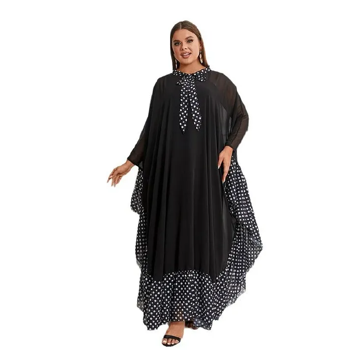 Arab loose robe Bowtie polka dot skirt women Muslim chiffon puff sleeves abaya long dresses