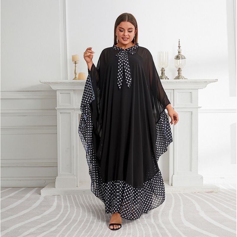 Arab loose robe Bowtie polka dot skirt women Muslim chiffon puff sleeves abaya long dresses