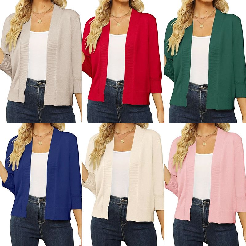 Solid Color Short Shrugs Sleeve Cropped Open Front Cardigans Sweater Slim Fit Crop Top Jackets Women's Sweaters