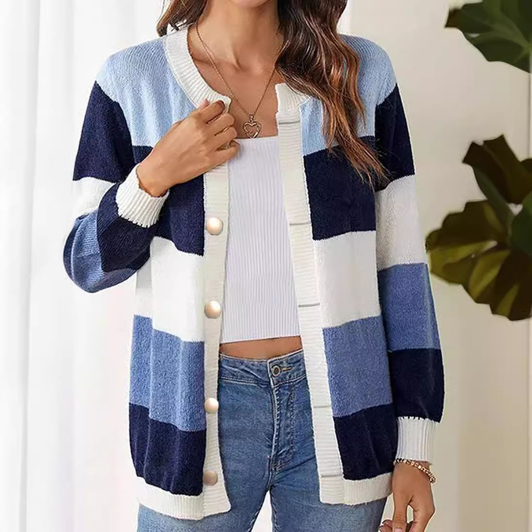 CaiNan Custom High Quality Color Block Women's hollow Long Sleeve Hole Knit Cardigan Sweater Crop Top