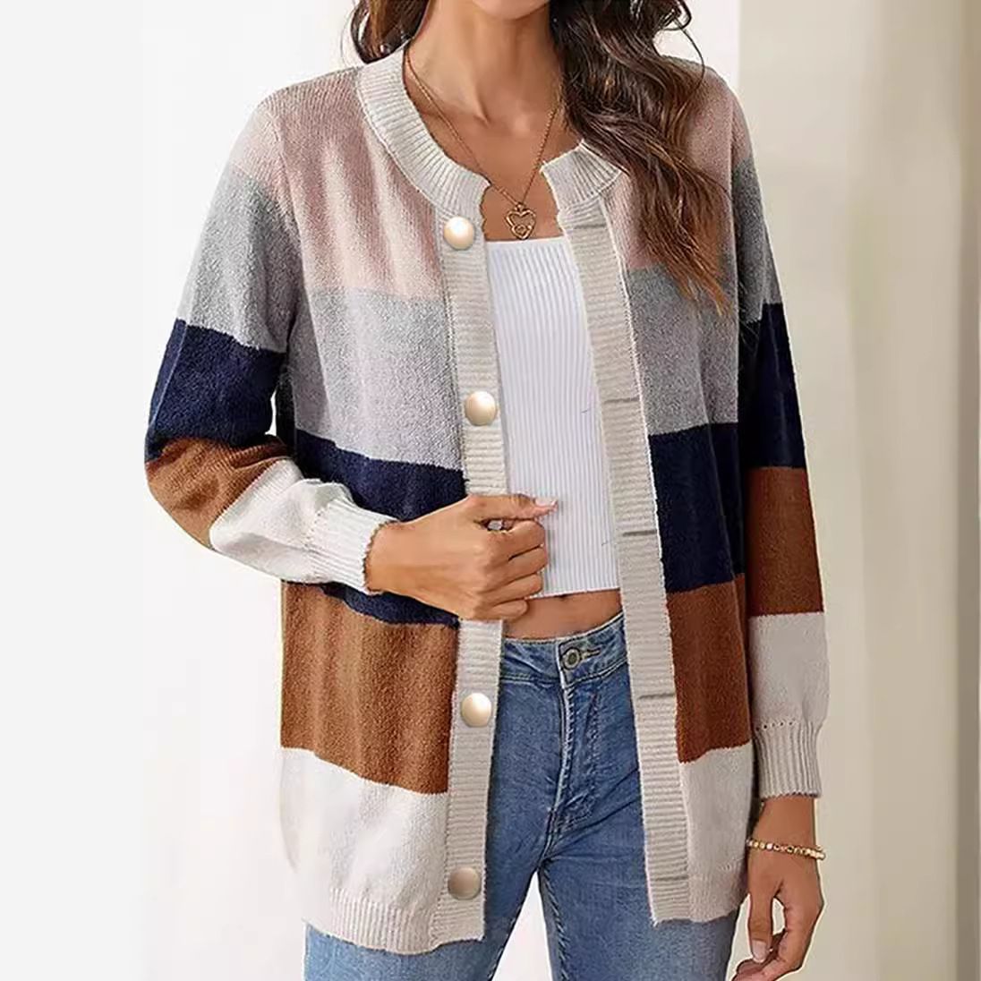 CaiNan Custom High Quality Color Block Women's hollow Long Sleeve Hole Knit Cardigan Sweater Crop Top