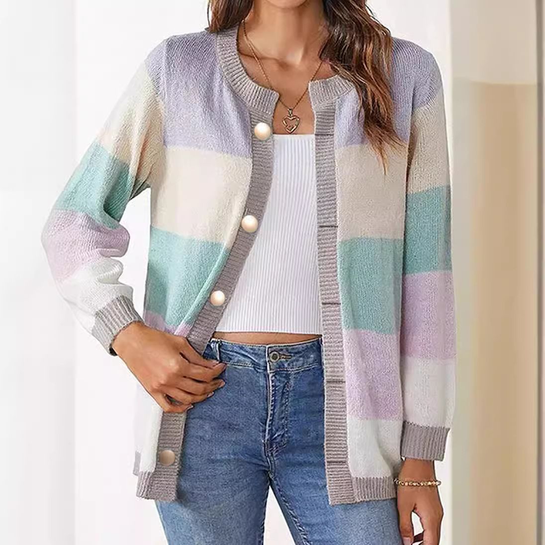 CaiNan Custom High Quality Color Block Women's hollow Long Sleeve Hole Knit Cardigan Sweater Crop Top