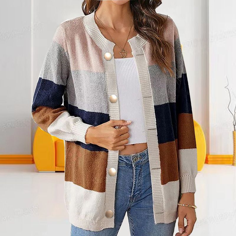 CaiNan Custom High Quality Color Block Women's hollow Long Sleeve Hole Knit Cardigan Sweater Crop Top