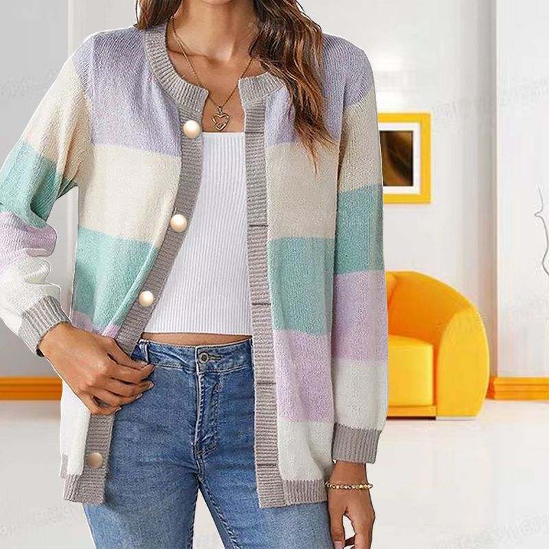 CaiNan Custom High Quality Color Block Women's hollow Long Sleeve Hole Knit Cardigan Sweater Crop Top