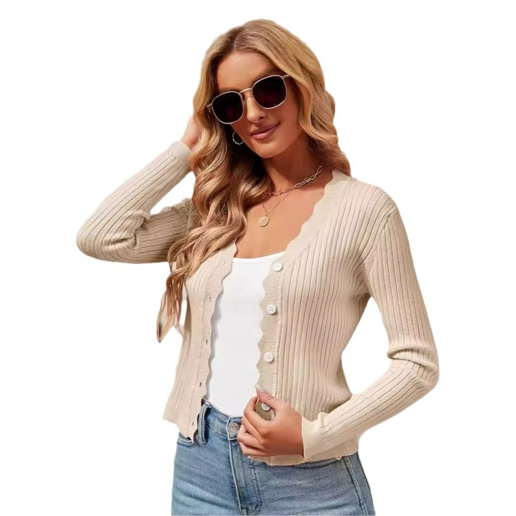 Custom Clothing Ladies V-Neck Knitted Cardigan Sweaters Solid Pattern Spring Button Flat Knitted Stylish Office Lady